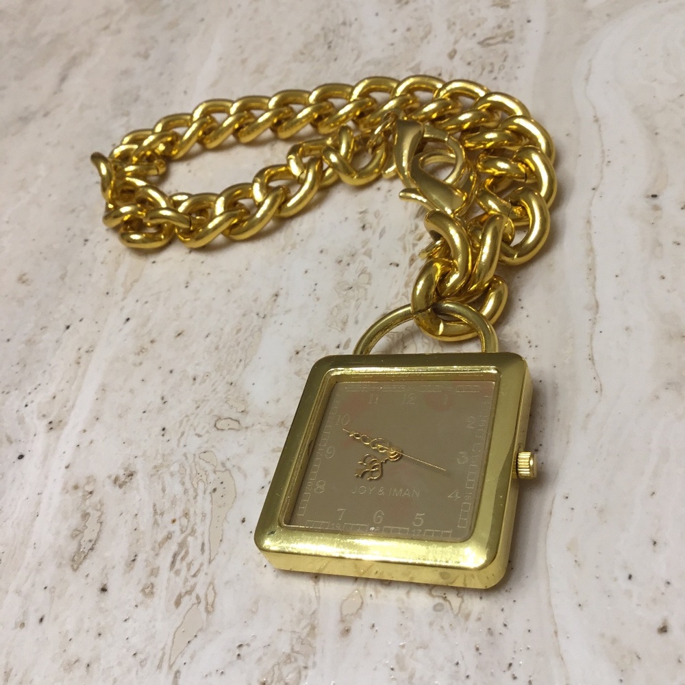 VintageJoy & Iman Quartz Fashion Pocket Purse Watch Gold Case Chain Neutral Dial